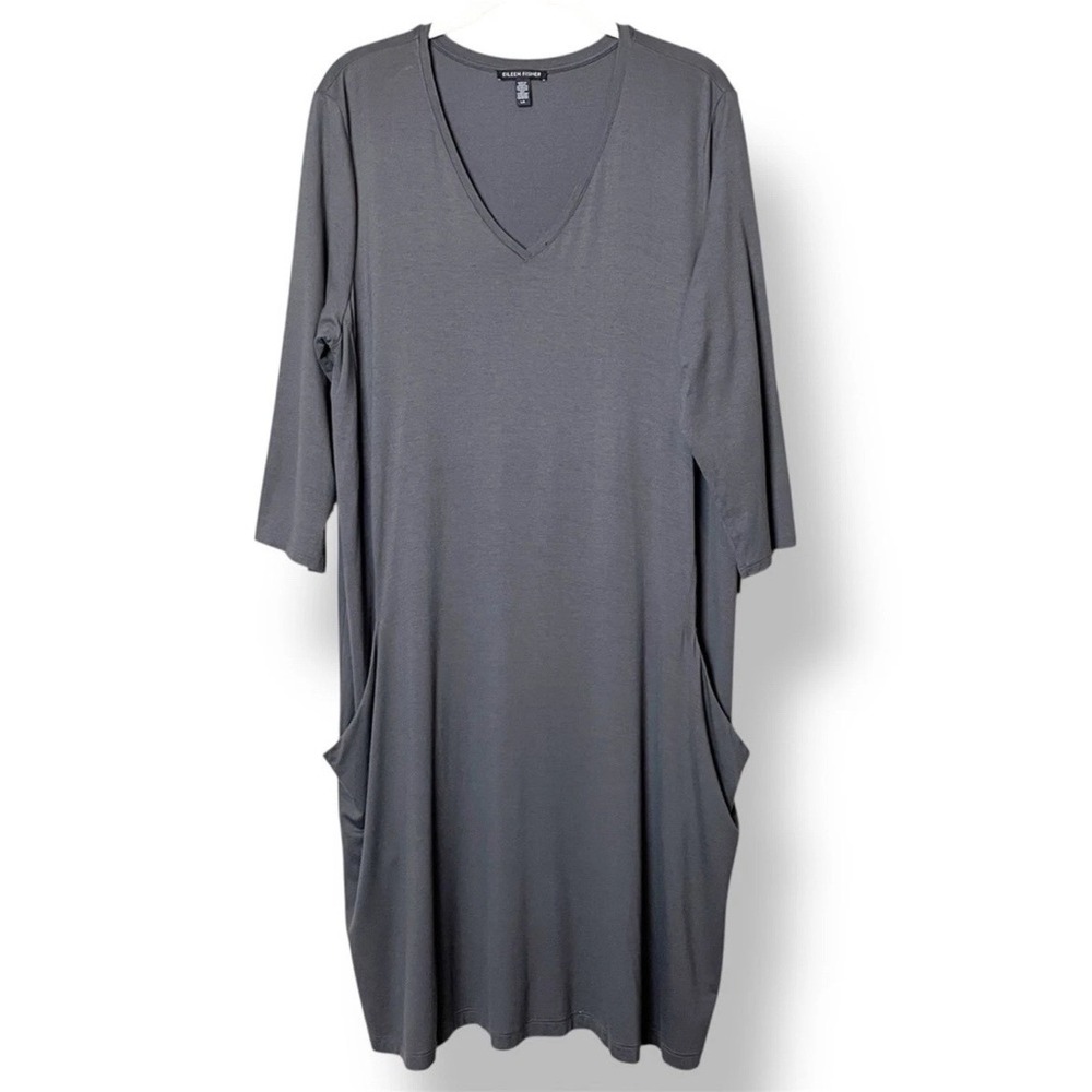 Eileen Fisher Gray V-Neck Cocoon Midi Dress Large Pockets 3/4 Sleeve Minimalist